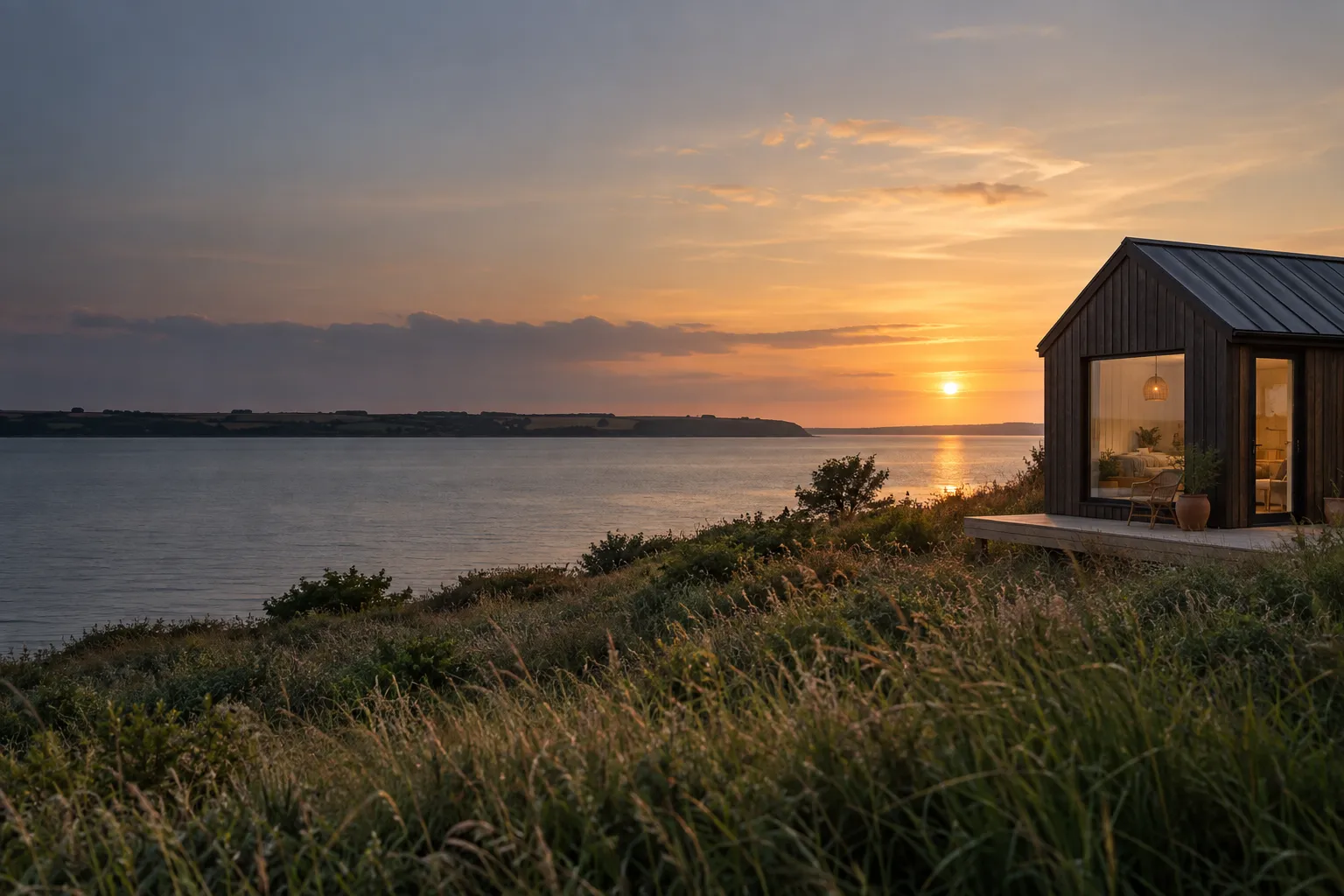 Solnedgang over Limfjorden set fra kystgræsset med et lille mørkt tiny house og lys i vinduet til højre