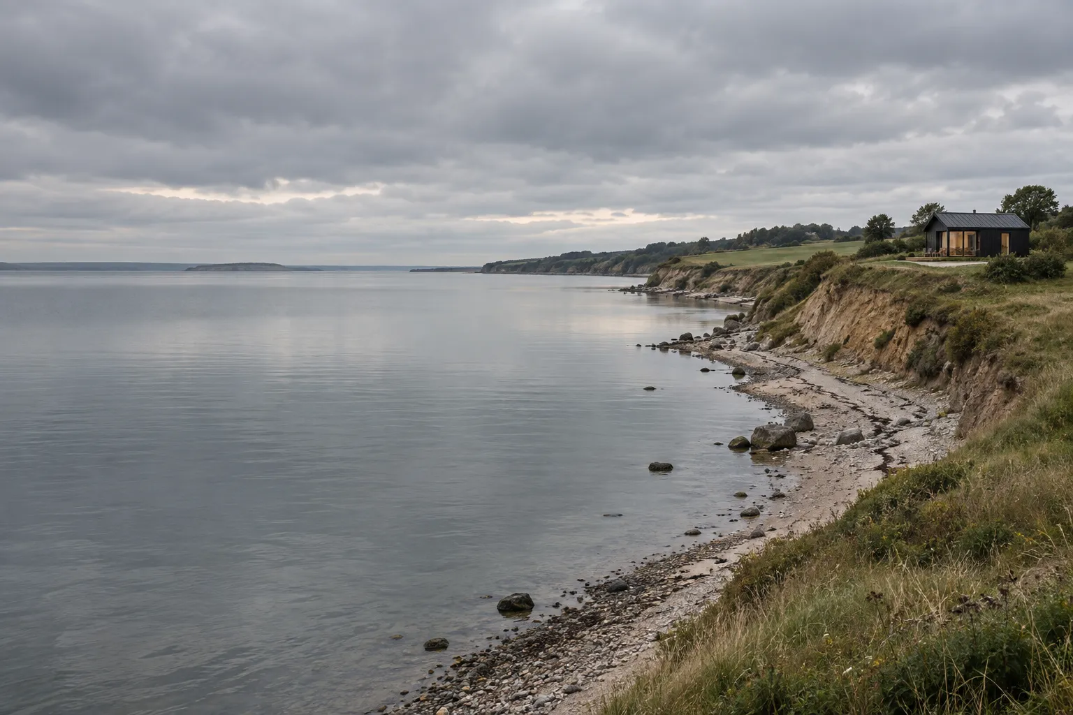Lave lerskrænter og stenet strand langs stille vand en overskyet dag med et lille mørkt hus på kanten i det fjerne