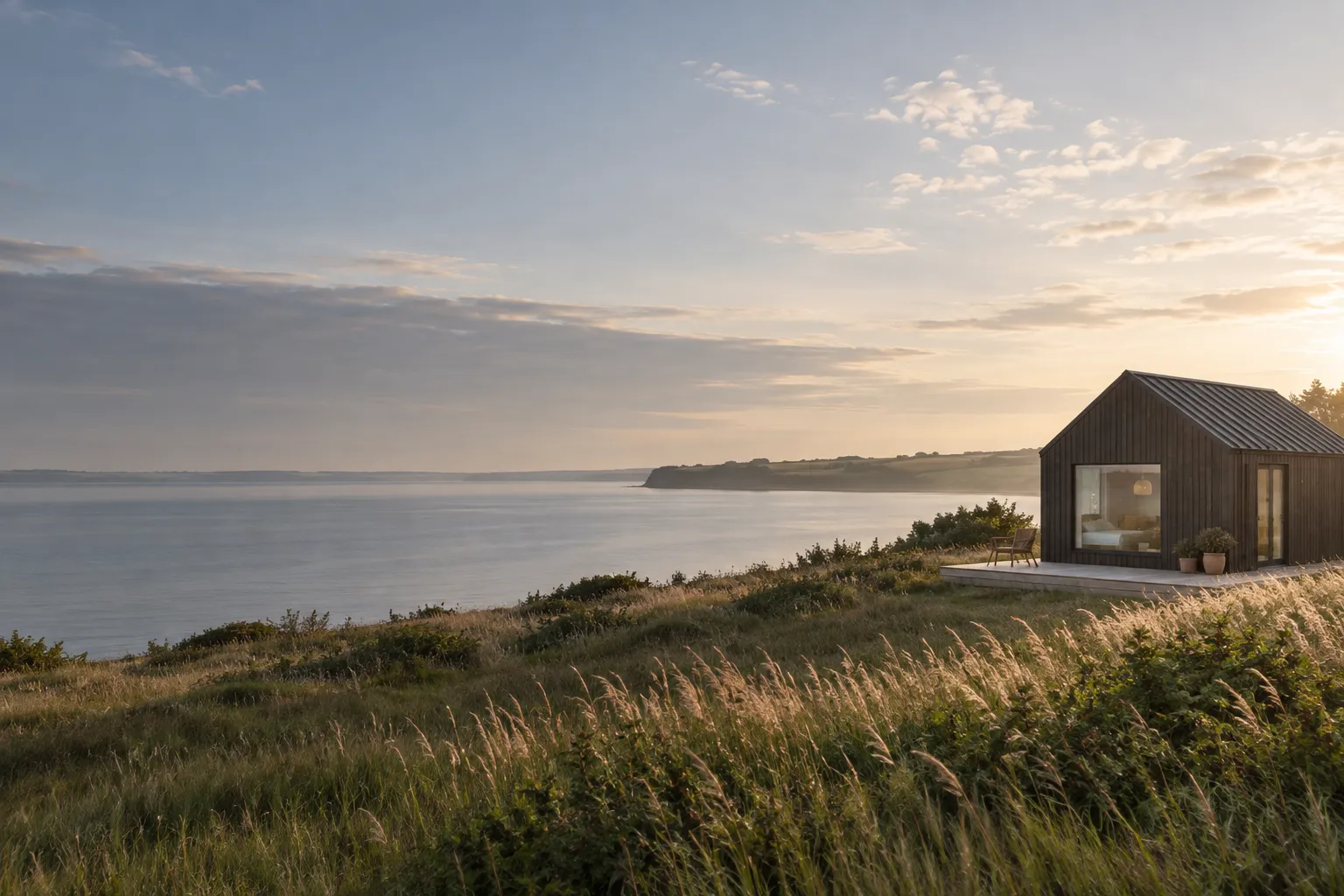 Et lille mørkt tiny house på en græsklædt skrænt over Limfjorden i varmt aftenlys
