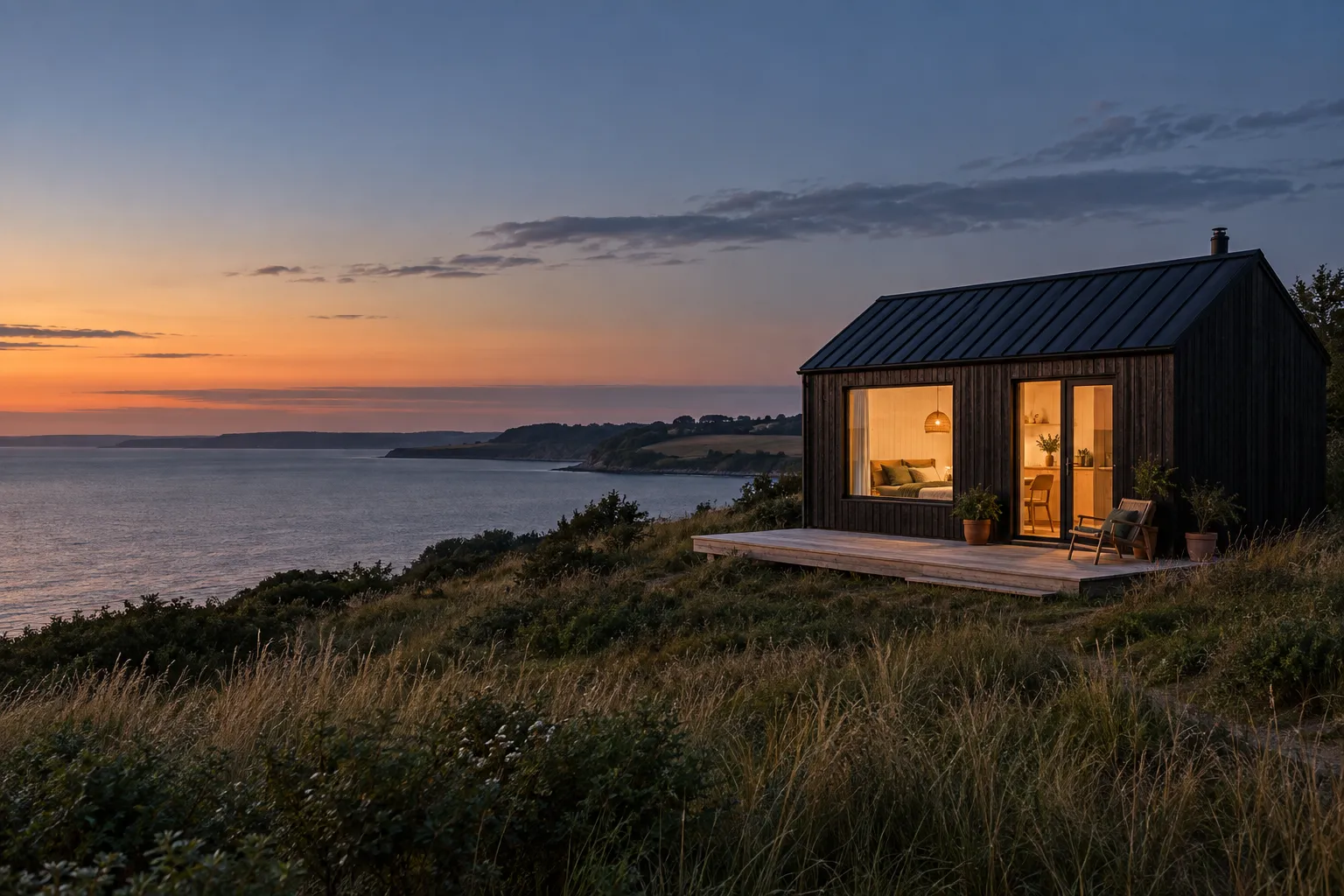 Et lille mørkt tiny house med varmt lys i vinduerne og træterrasse i kystgræsset ved skumring over fjorden