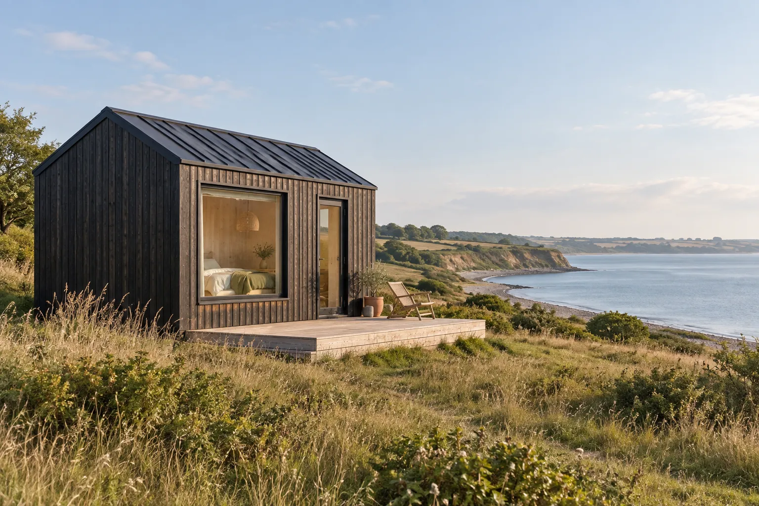 Et lille mørkt tiny house med træterrasse på en grøn skråning over kysten og Limfjorden i klart lys