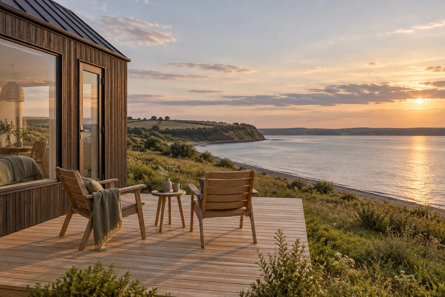 Træterrasse med to træstole og et lille bord ved husets mørke facade, mens solen går ned over fjorden