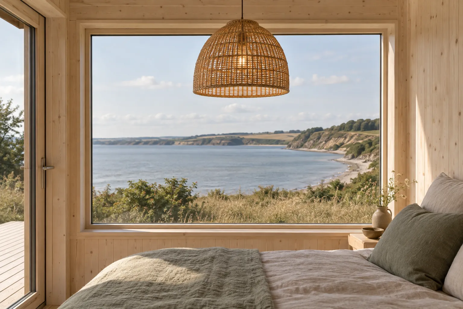 Rattanlampe foran et stort vindue med udsigt over fjord og skrænter, med sengen i forgrunden