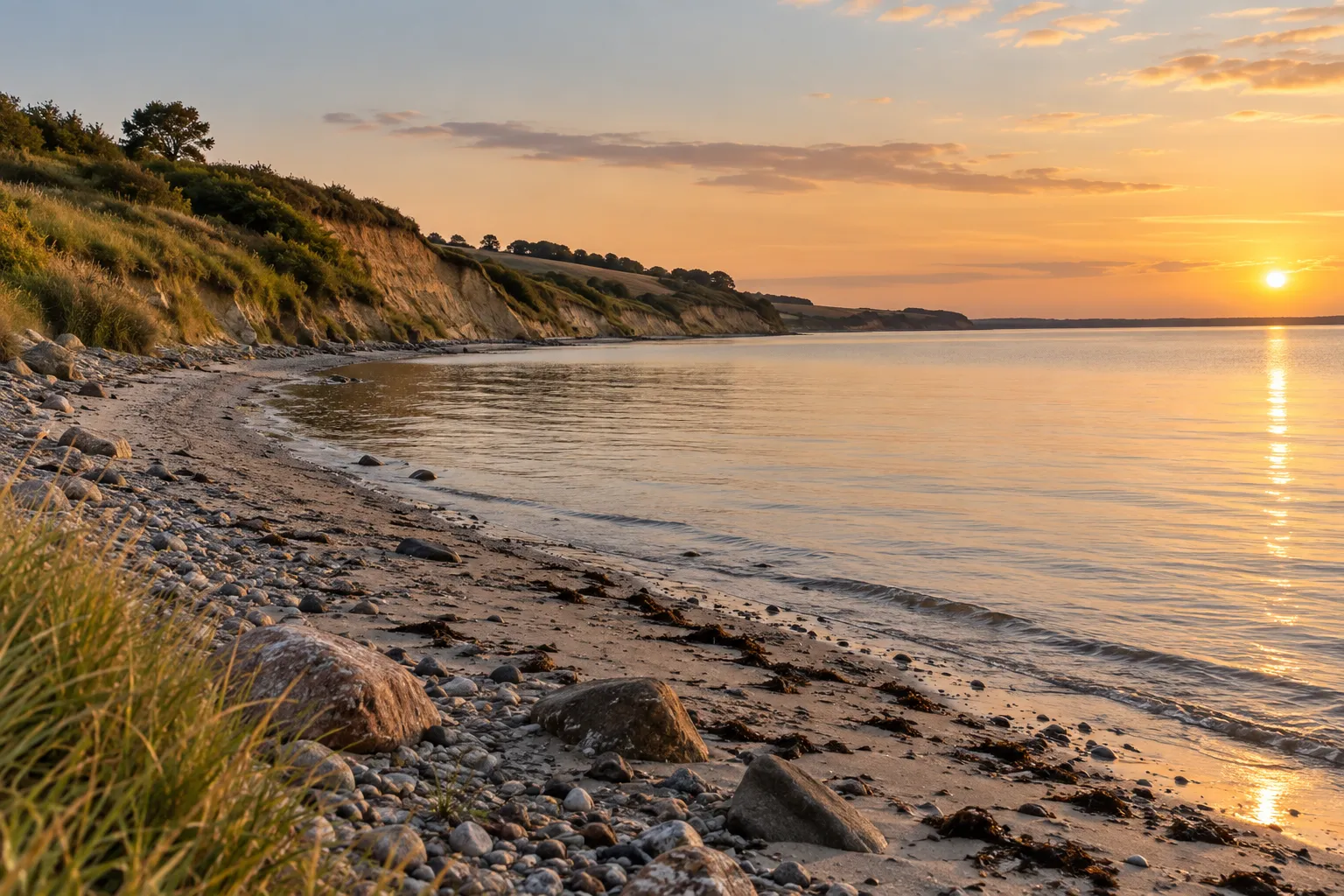 Stenet strand under lave skrænter på Mors, mens solen går ned over Limfjorden