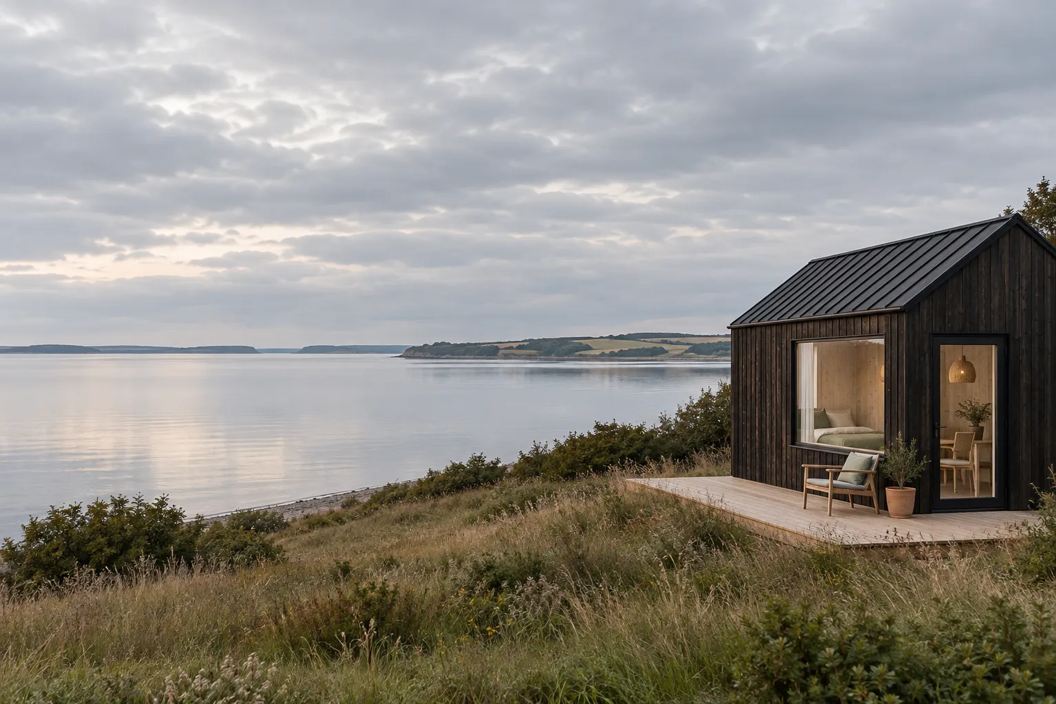 Et lille mørkt tiny house med terrasse i kystgræs over stille vand en overskyet dag