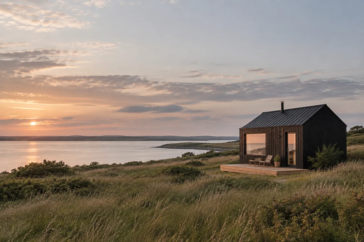 Et lille mørkt træbeklædt tiny house med træterrasse i højt kystgræs over Limfjorden, mens solen går ned over vandet