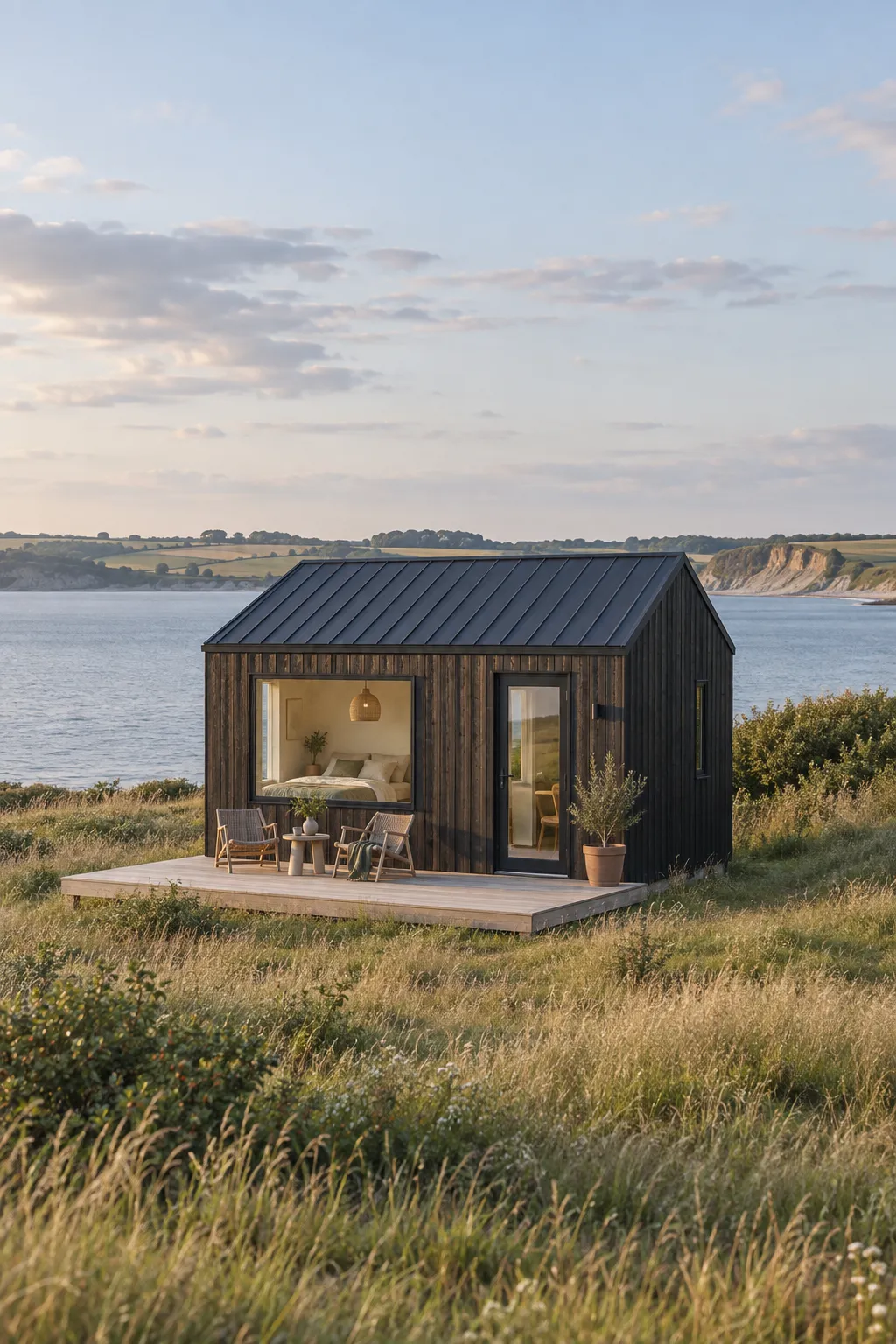Et lille mørkt tiny house med lodrette brædder, stort vindue og træterrasse med to stole i højt kystgræs med fjorden og lave skrænter bagved