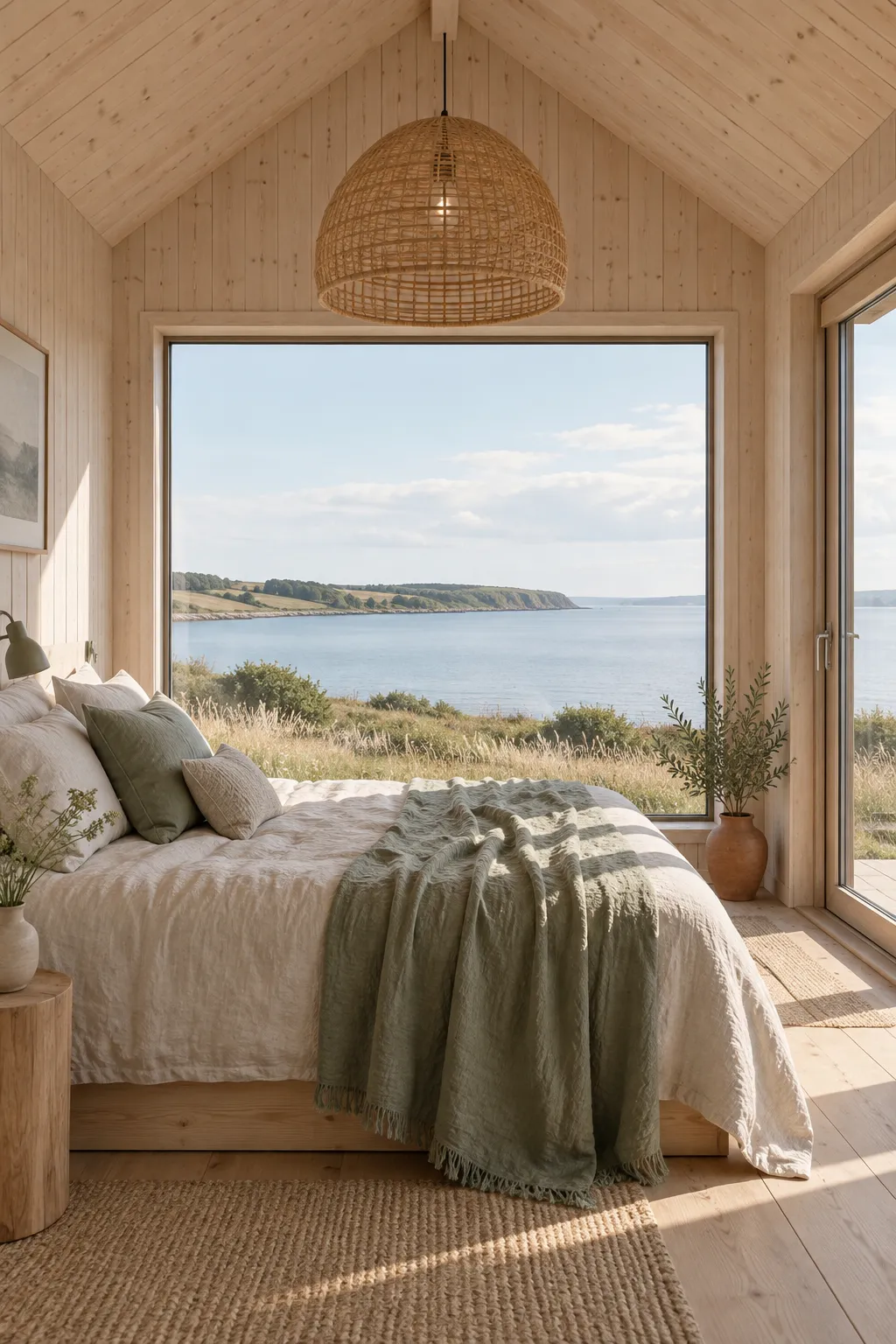 Lyst soveværelse i træ med en seng redt i hør, salviegrønt plaid, rattanlampe og et stort vindue med udsigt over fjorden