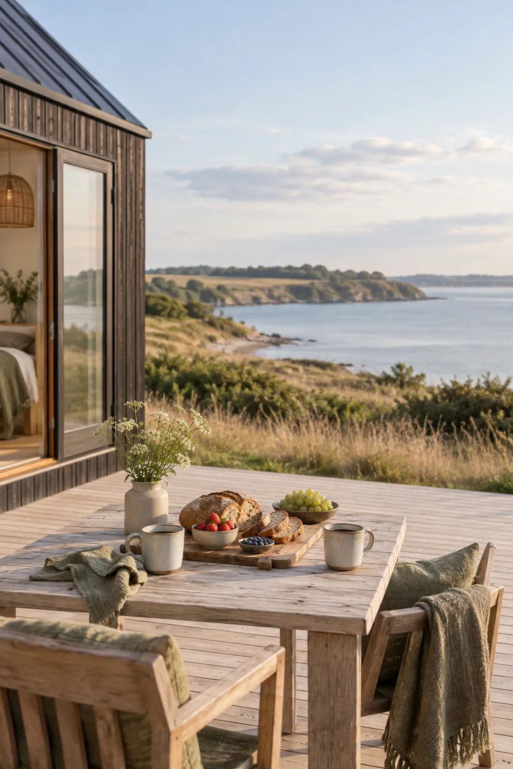 Morgenmad med brød, frugt og kaffekopper på et træbord på terrassen ved husets mørke facade med udsigt over kystgræs og fjord