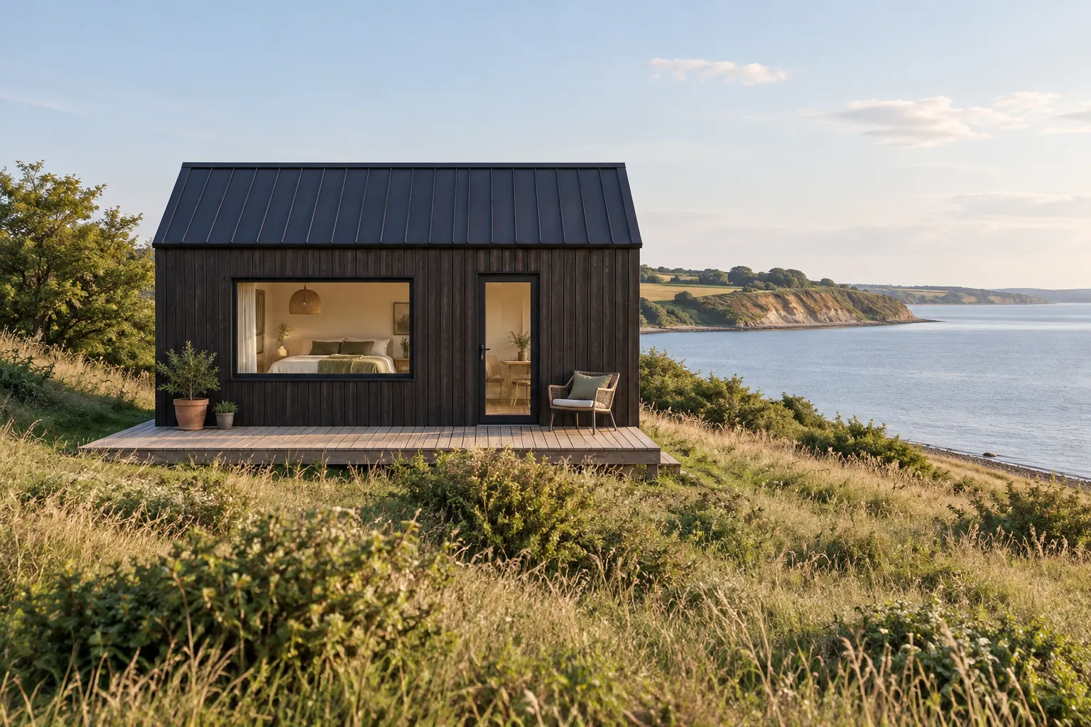 Et lille mørkt tiny house med lodrette brædder og træterrasse set forfra i kystgræs ved fjorden