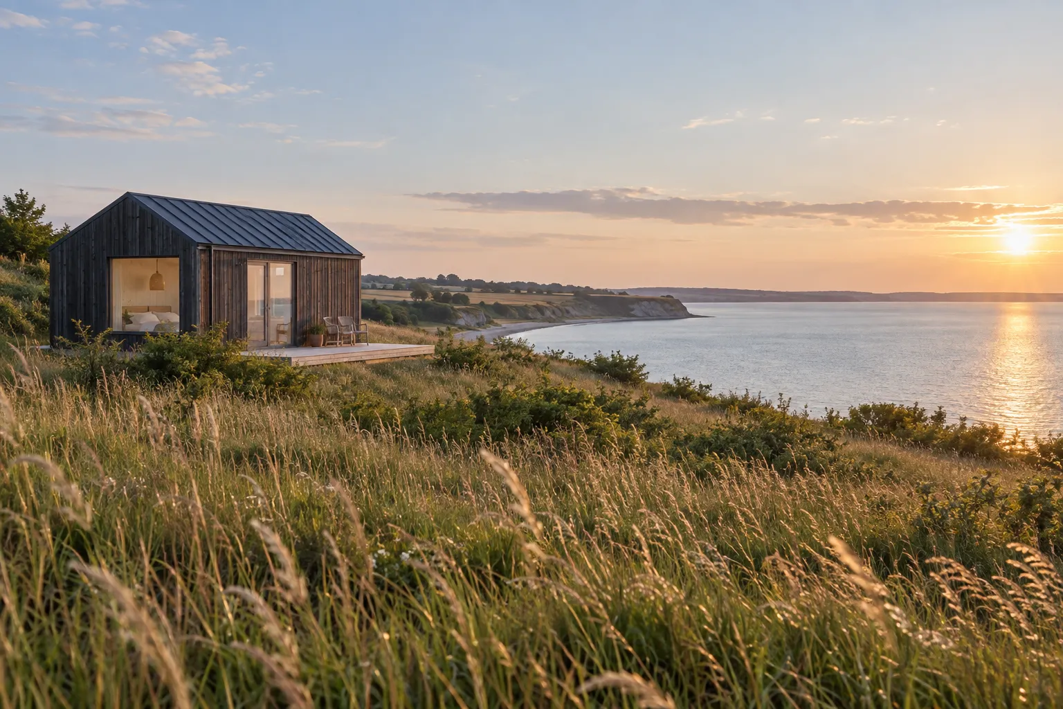 Højt kystgræs i aftenlys med et lille mørkt tiny house og fjorden i baggrunden