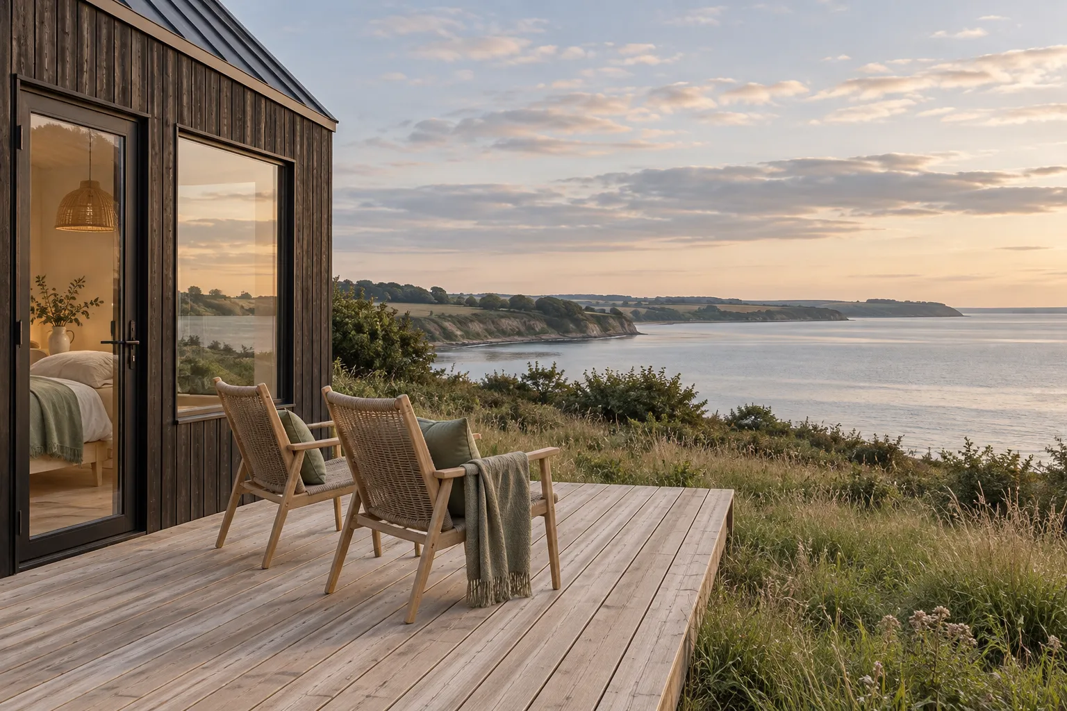 Træterrasse med to stole og et plaid ved husets store glasdør med udsigt over fjord og skrænter