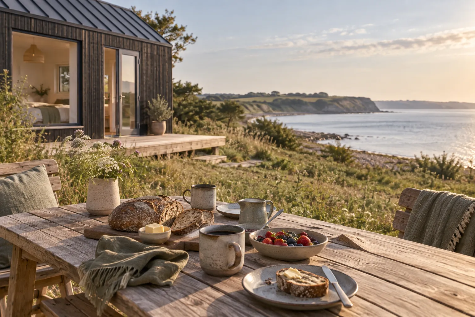 Morgenmad med brød, frugt og kaffe på et træbord udendørs med huset og fjorden i baggrunden
