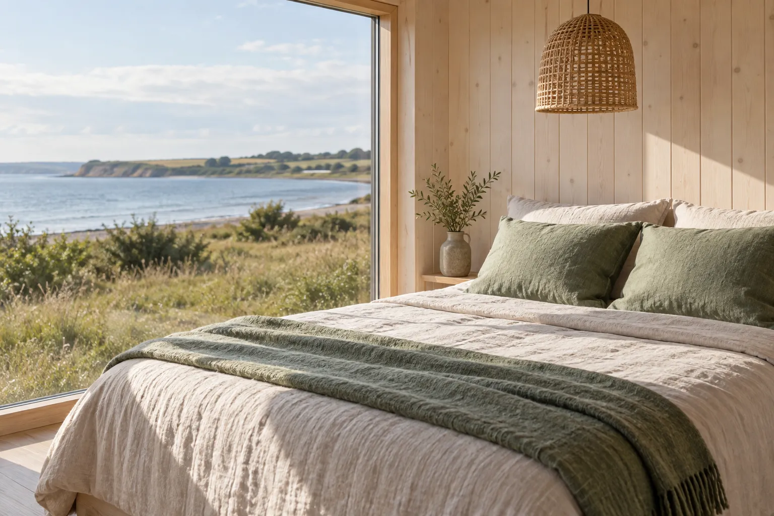 Seng redt i hør med salviegrønne puder og plaid under en rattanlampe ved et stort vindue mod fjorden