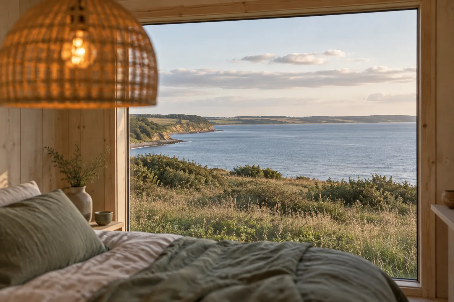 Udsigt gennem et stort vindue mod fjorden med en tændt rattanlampe i forgrunden