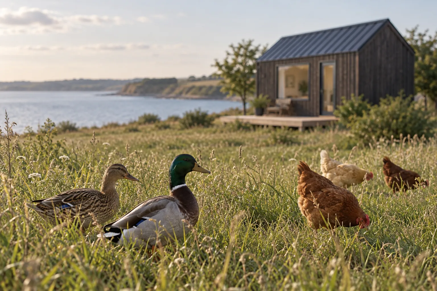Ænder og høns i det høje græs foran et lille mørkt tiny house ved fjorden