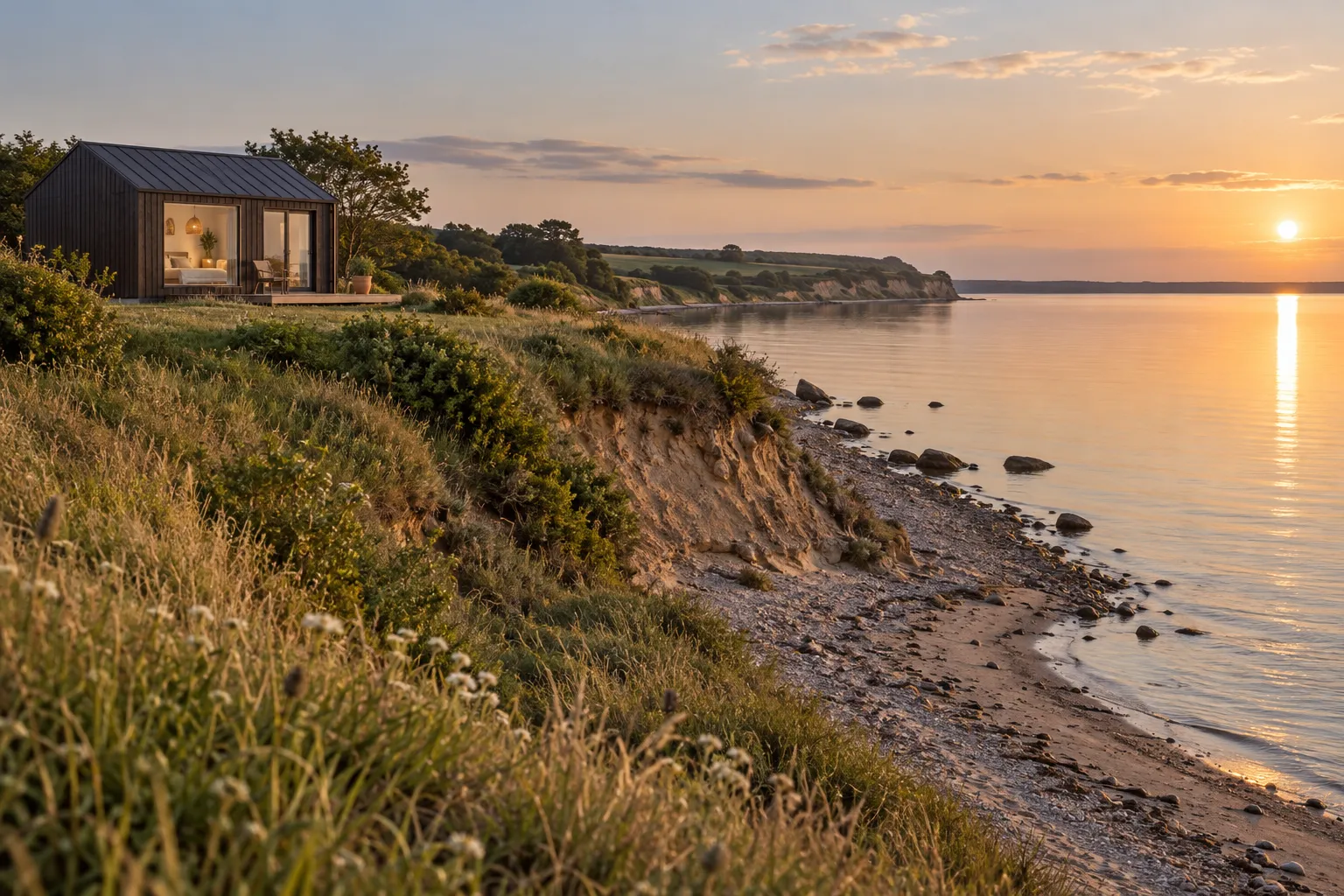 Lave lerskrænter og smal strand langs Limfjorden i aftensol med et lille mørkt hus på skrænten