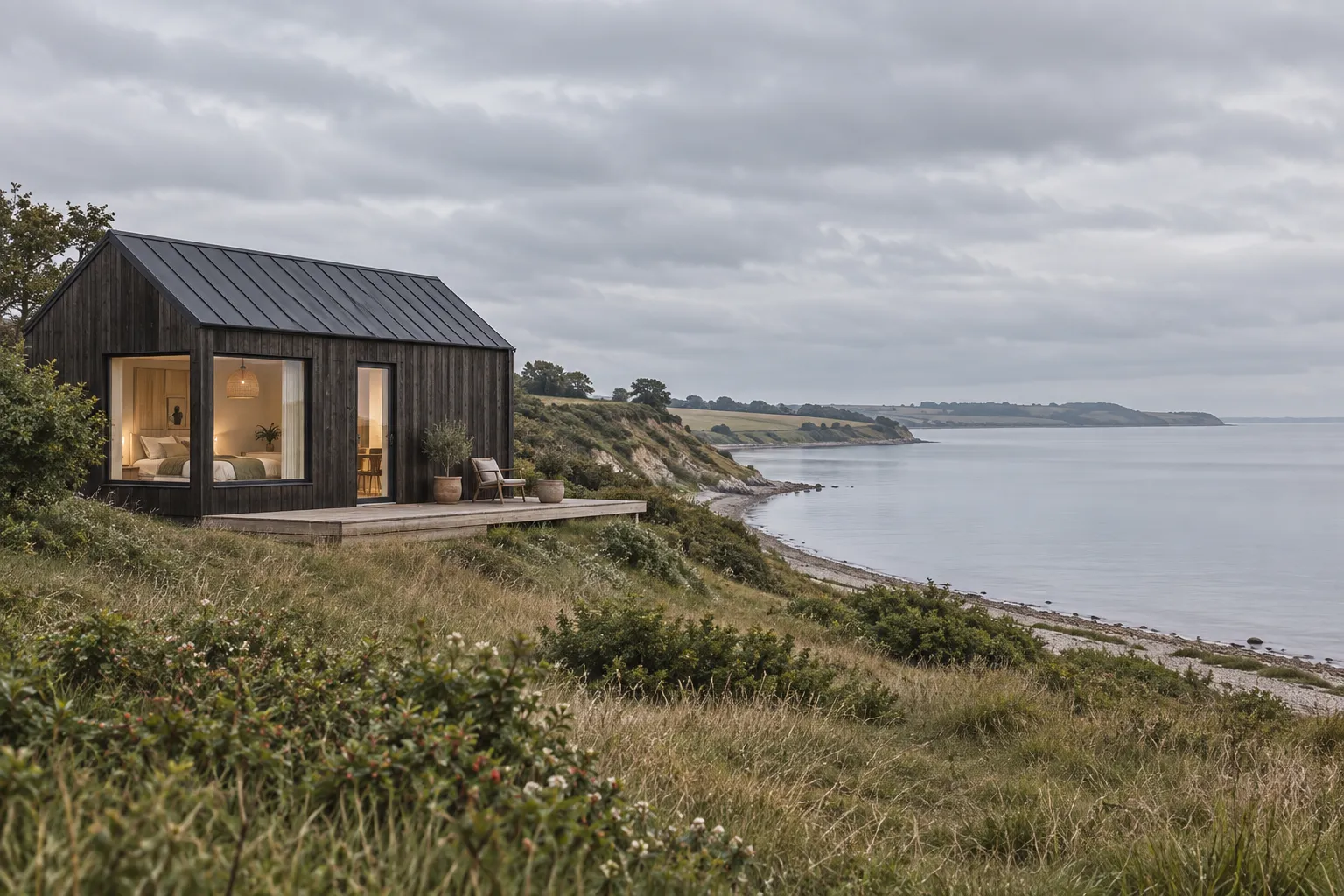 Et lille mørkt tiny house på en grøn skråning over fjorden en overskyet dag