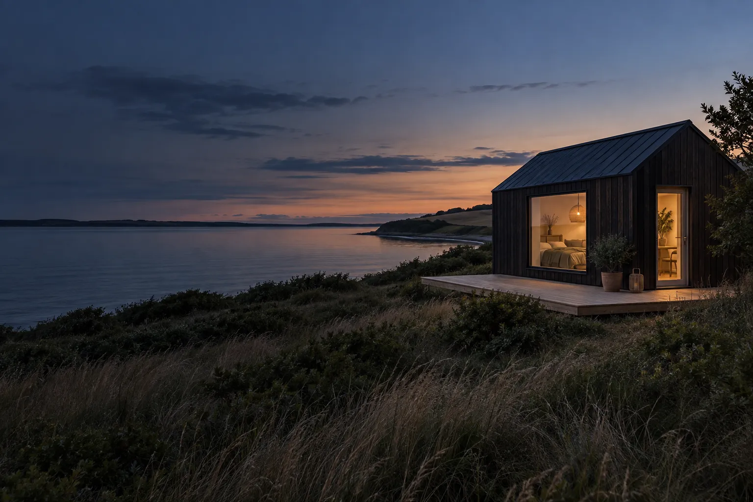 Et lille mørkt tiny house med varmt lys i vinduet og terrasse i kystgræsset ved skumring over fjorden