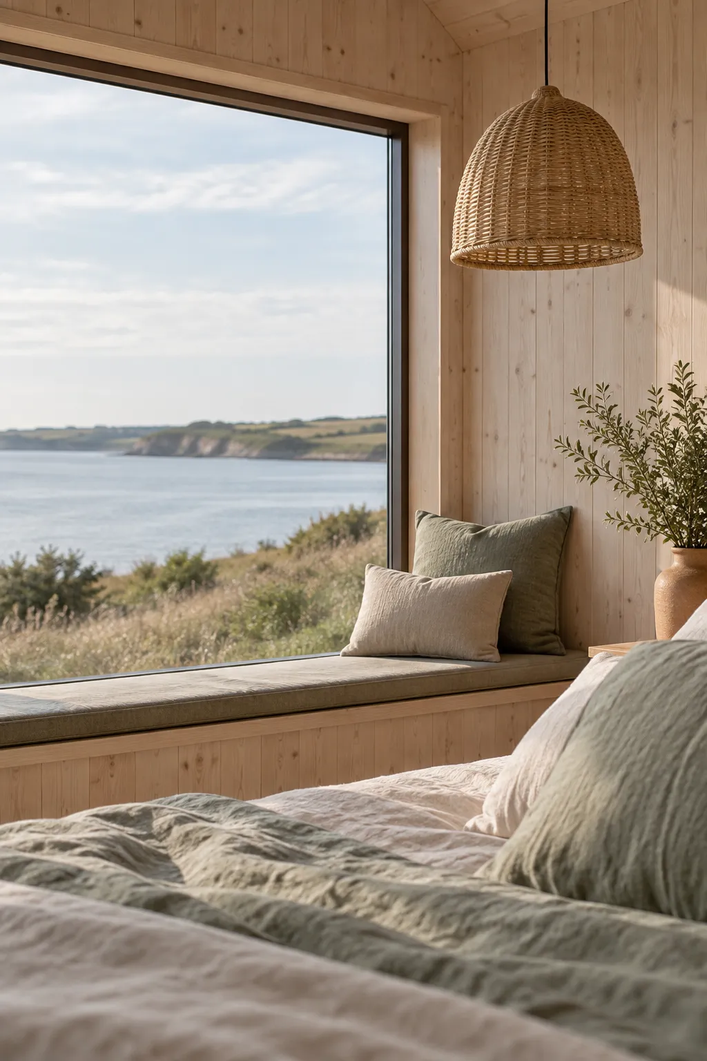 Lyst rum i træ med en seng i hør og salvie, puder i vindueskarmen og en rattanlampe ved et stort vindue mod fjorden
