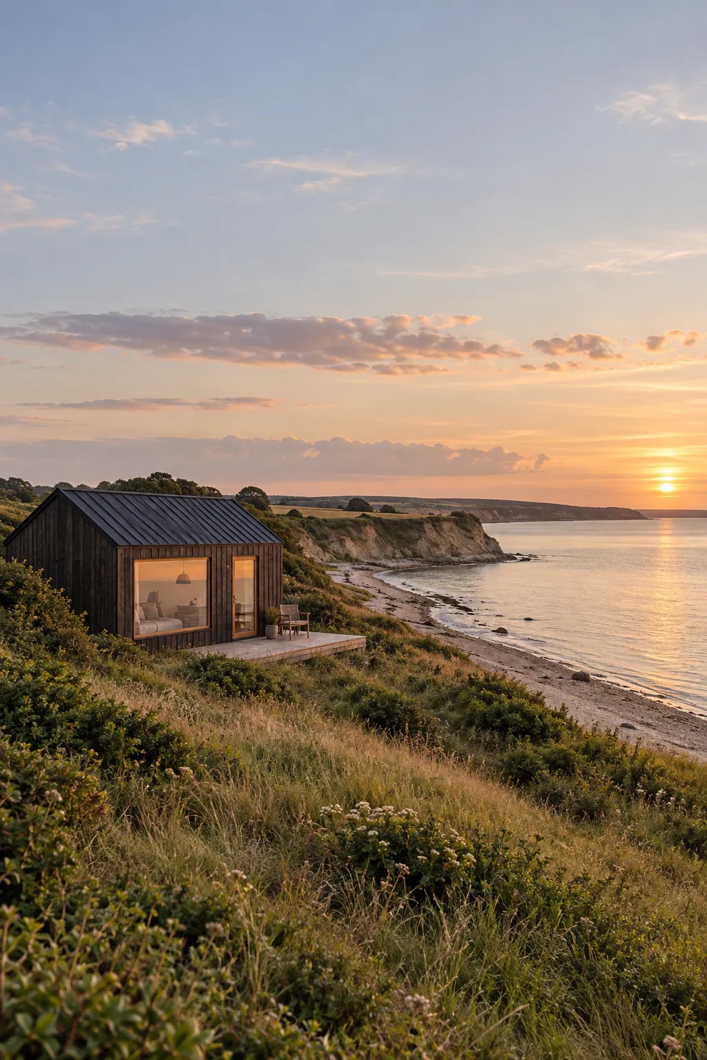 Et lille mørkt tiny house på en grøn skrænt over stranden på Mors, mens solen går ned over fjorden