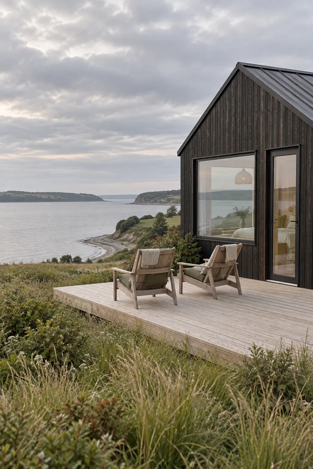 Træterrasse med to stole foran et lille mørkt tiny house med kystgræs og fjord i overskyet lys