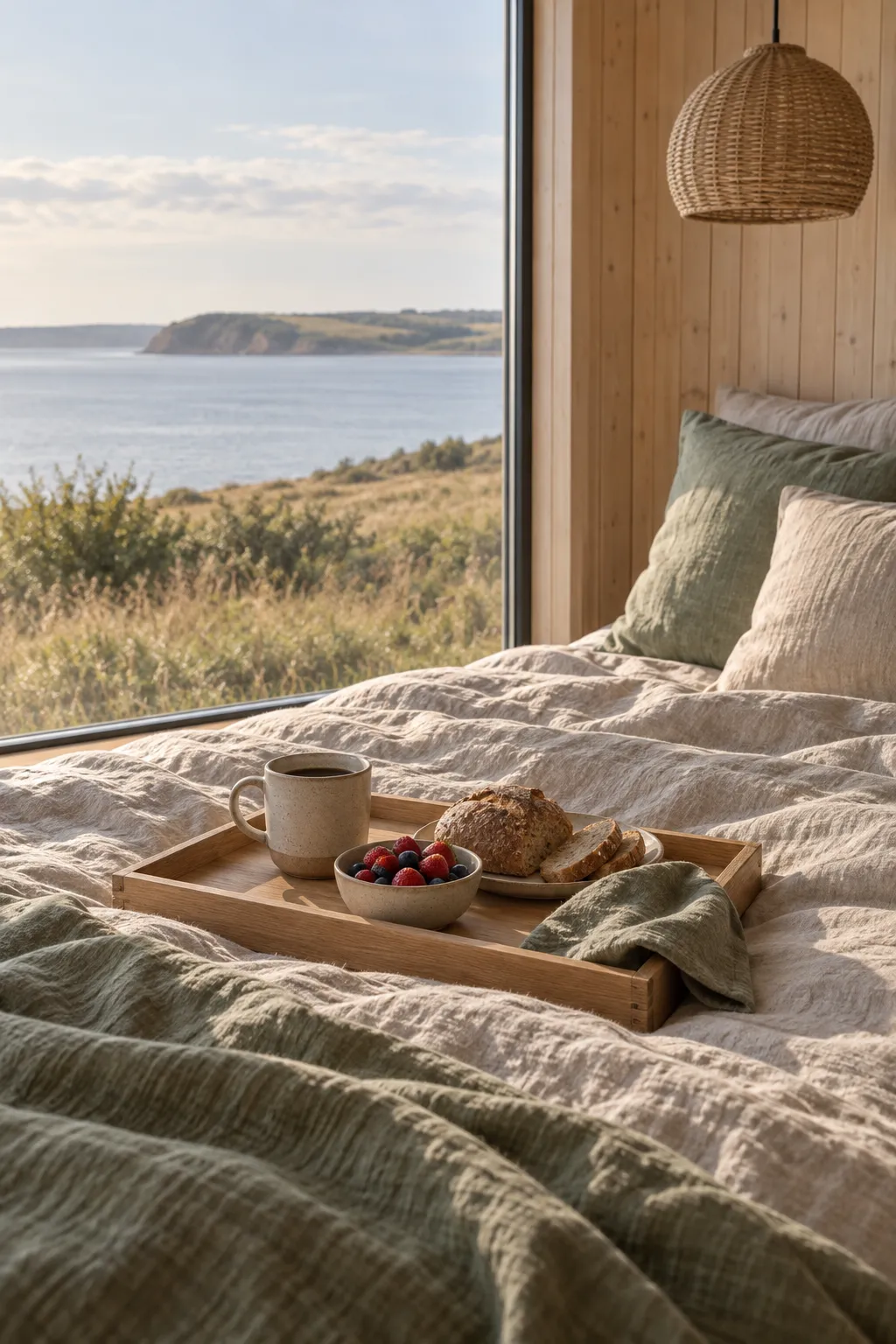 Morgenmadsbakke med kaffe, brød og bær på en seng redt i hør ved et vindue mod fjorden